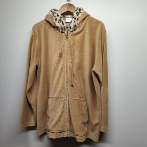Liz Claiborne Hooded Jacket Women Size L Tan Corduroy Leopard Faux Fur Fall